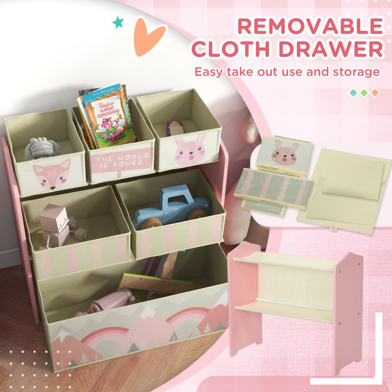 ZONEKIZ Kids Storage Unit, Childrens Toy Storage Organiser, with 6 Fabric Bins, for Bedroom, Nursery, 63 x 30 x 66cm, Pink