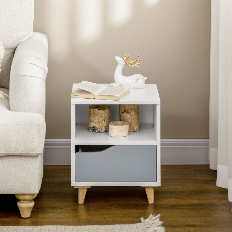 HOMCOM Bedside Table Nightstand with Drawer and Shelf, Side End Table with Wood Legs for Bedroom, White and Grey