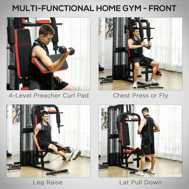 SPORTNOW Multi Gym Workout Station with 65kg Weight Stack, Sit Up Bench, Push Up Stand, Dip Station, Adjustable, for Home Gym, Full Body Strength Training