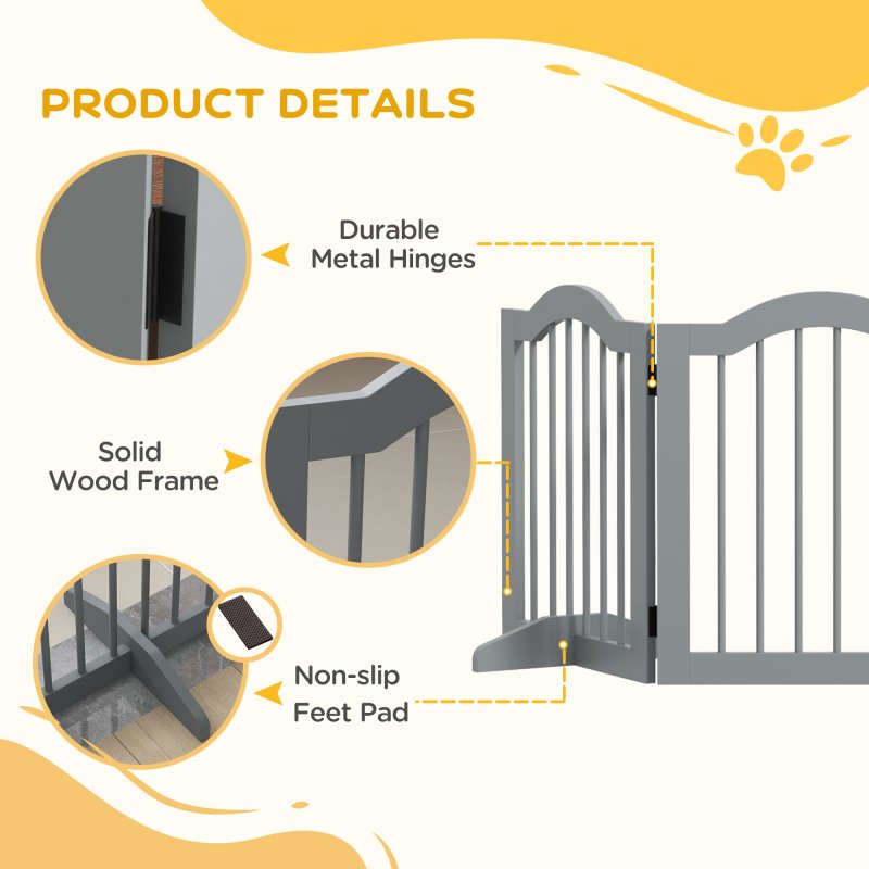 PawHut Freestanding Pet Gate Wooden Dog Gate with Support Feet Foldable Pet Fence Safety Barrier for the House Doorway Stairs Light Grey