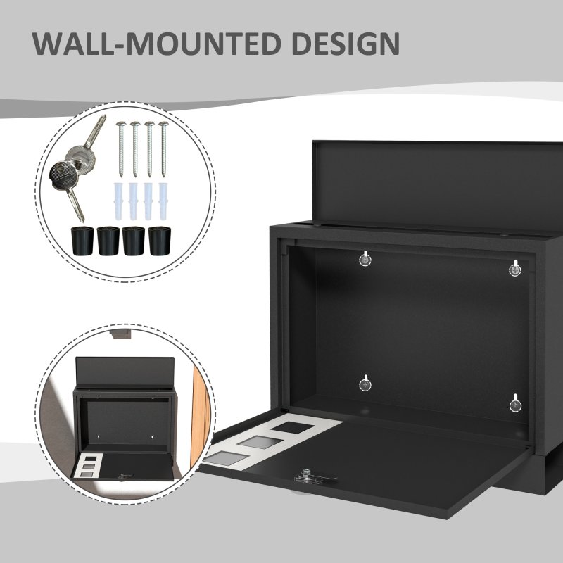 HOMCOM Wall Mounted Letter Box, Weatherproof Post Box for Outside, Modern Mailbox with 2 Keys and Viewing Windows, Easy to Install, 36.5x11.5x29cm, Black