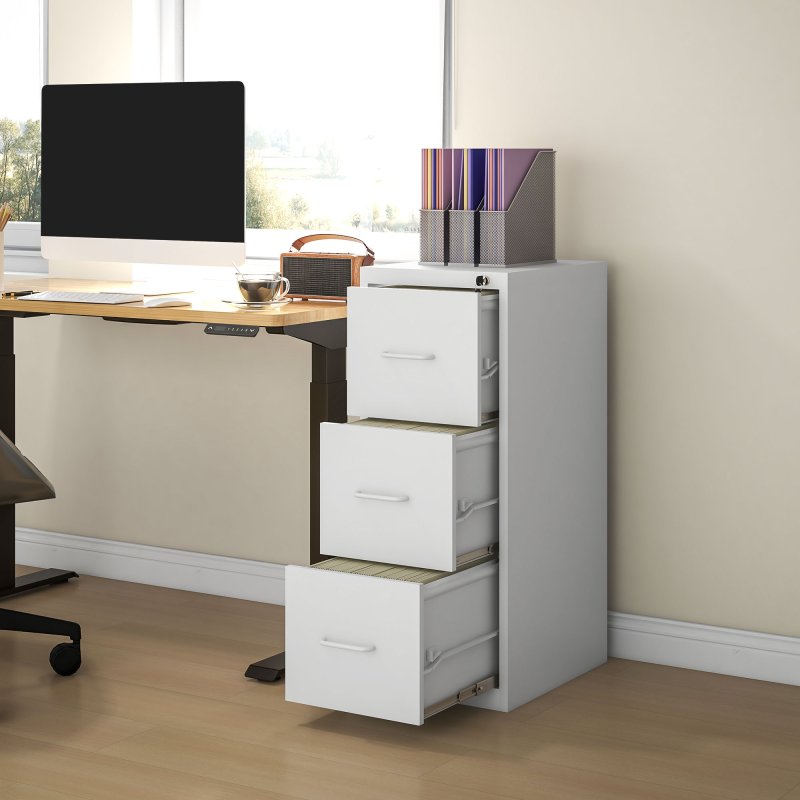 HOMCOM 3 Drawer Filing Cabinet, Vertical File Cabinet with Adjustable Hanging Bar for A4 and Letter Size, Steel Printer Stand for Home Office, Cream White