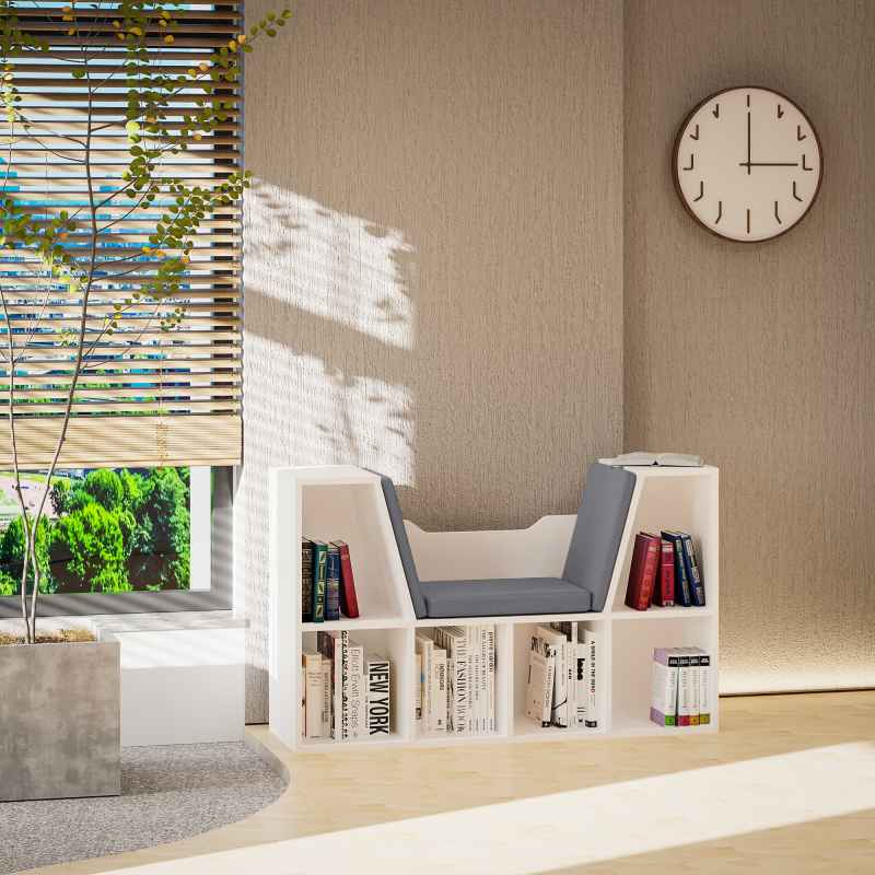 HOMCOM Bookcase Storage Shelf with Cushioned Reading Seat, Cube Bookshelf Organizer for Bedroom Living Room
