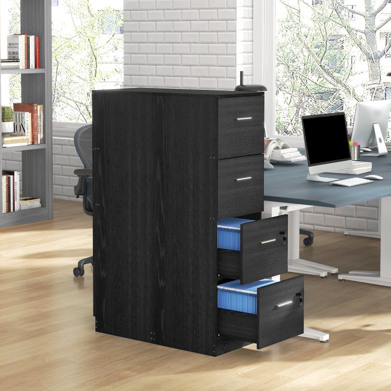 HOMCOM File Cabinet with 4 Drawers for Home Office, Vertical Filing Cabinet with Lock, Adjustable Hanging Bar for A4 and Letter Size, Black Wood Effect