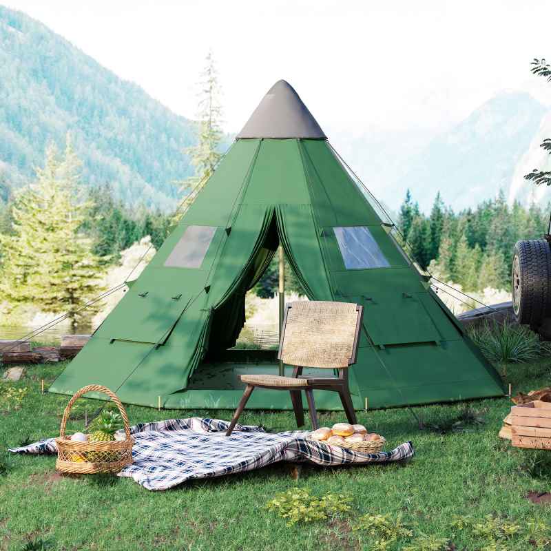 Outsunny 6 Men Tipi Tent, Camping Tent with Mesh Windows, Sewn-in Floor, Two Doors and Carry Bag, Easy Set Up, for Hiking Picnics Outdoor Night, Green
