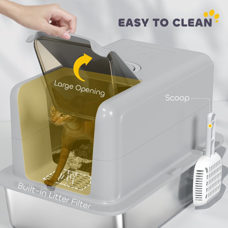 PawHut Stainless Steel Cat Litter Box, Extra Large Metal Cat Litter Tray with Lid, Scoop, Filter Bags, Grey
