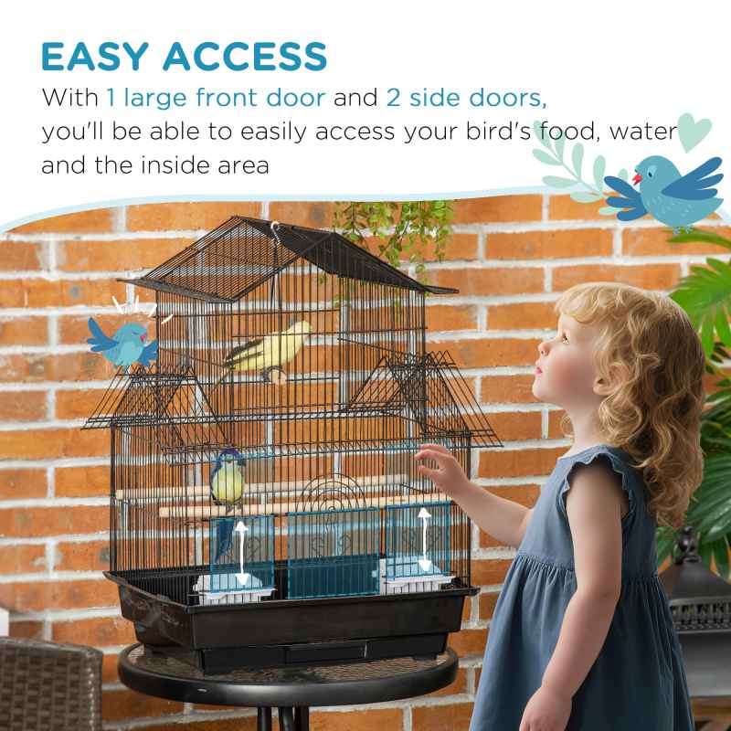 PawHut Metal Bird Cage with Plastic Swing Perch Food Container Tray Handle for Finch Canary Budgie 43.5 x 33 x 63 cm, Black