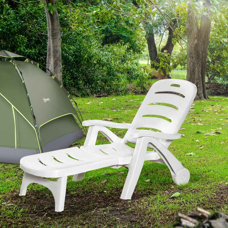 Outsunny Set of 2 Folding Sun Lounger with Wheels, 5-Position Adjustable Outdoor Deck Chair Furniture, Garden Beach Patio Pool Lounger Recliner Seat, White