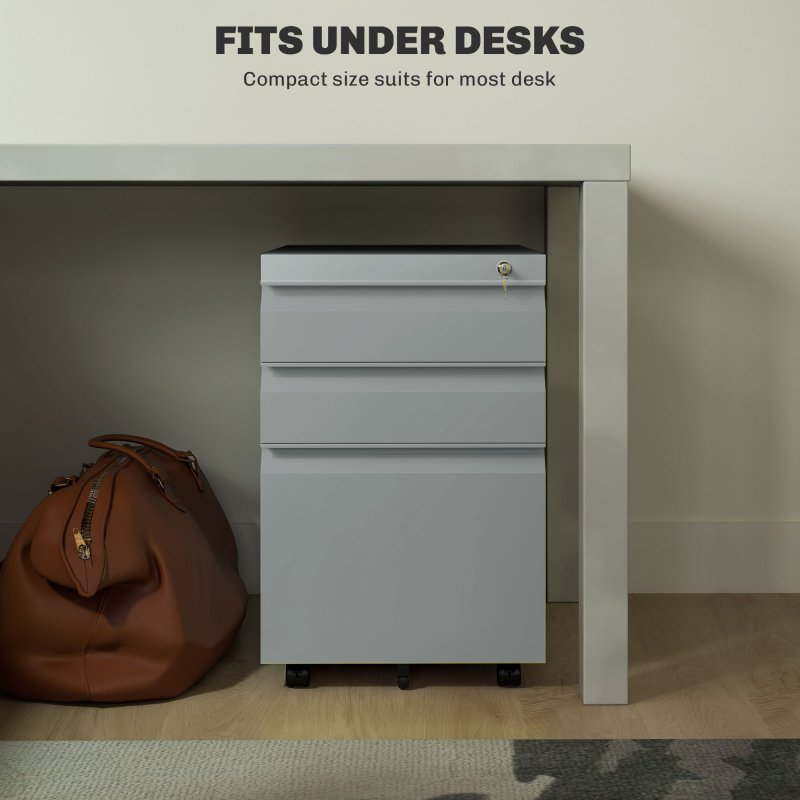 Vinsetto 3-Drawer Filing Cabinet with Lock, Mobile Steel File Cabinet for A4, Legal and Letter Size, Under Desk Drawers with Pre-Assembled Body for Home Office, 39 x 48 x 60 cm, Grey