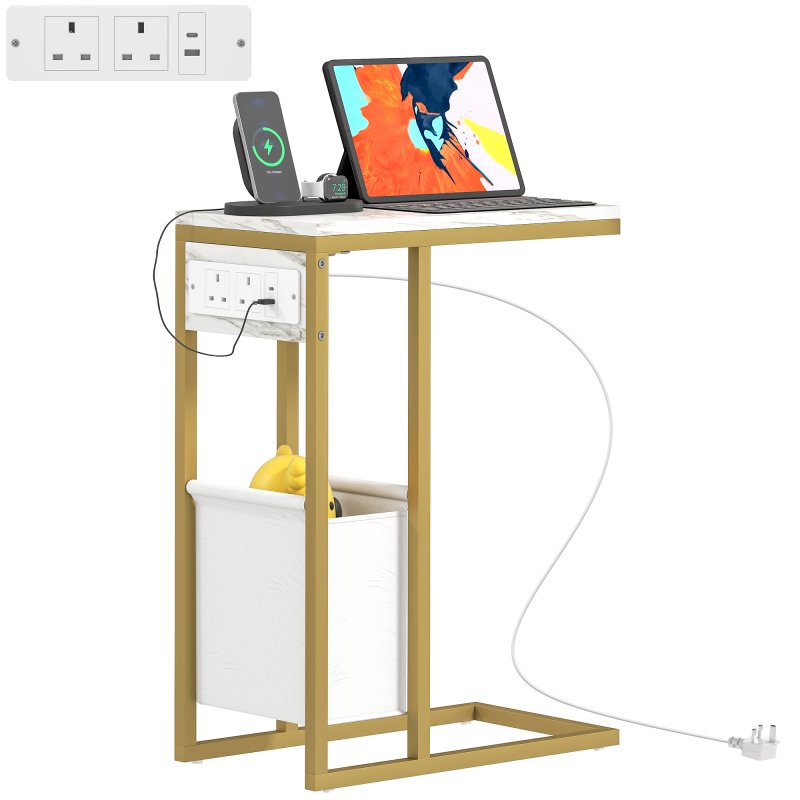 HOMCOM C Shaped Side Table with Storage and Charging Station, Faux Marble Narrow Bedside Table with Fabric Storage Bag and Steel Frame for Living Room, Bedroom, White