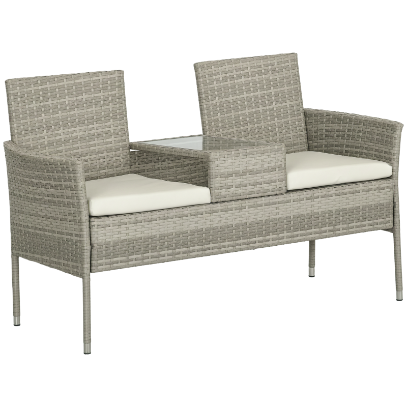 Outsunny 2 Seat Rattan Garden Bench, Patio Wicker Chair with Glass Tea Table, Outdoor Love Seat with Padded Cushions, for Garden, Porch, Mixed Grey/Cream White