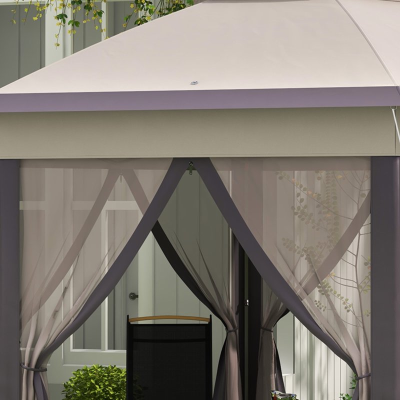 Outsunny 3 x 4m Garden Gazebo Hexagon Pop Up Gazebo Party Tent Canopy Double Roof Instant Shelter with Netting and Carry Bag for Outdoor Patio, Beige