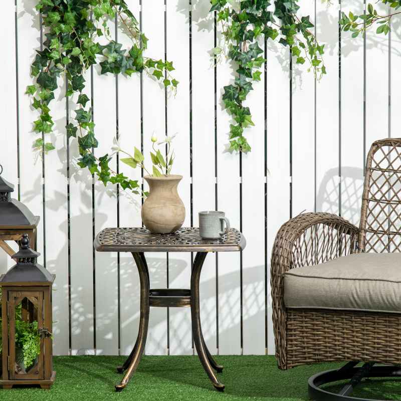 Outsunny Outdoor Garden Table with 38mm Dia. Umbrella Hole, Cast Aluminium Patio End Table with Anti-slip Foot Pads for Garden, Patio, Balcony, 54 x 54cm, Bronze Tone