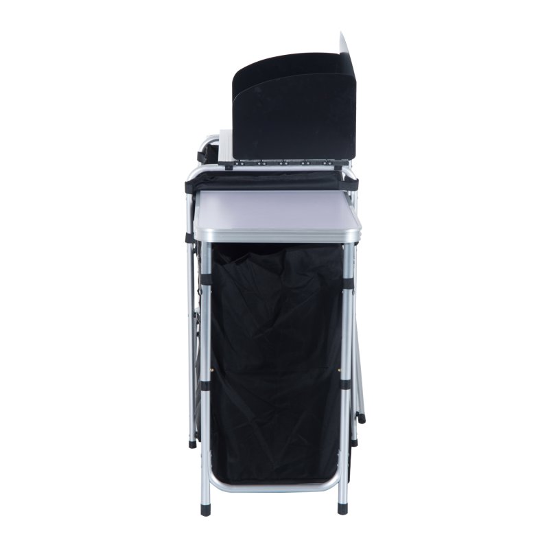 Outsunny Portable Camping Kitchen with Aluminium Frame, Fold-Up Cooking Table With Windscreen and 3 Enclosed Cupboards for BBQ, Party, Picnic, Black