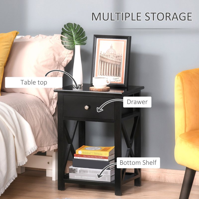 HOMCOM End Table, Sofa Side Table with Drawer X Bar Bottom Storage Shelf, Nightstand Bedside Table for Bedroom or Living Room