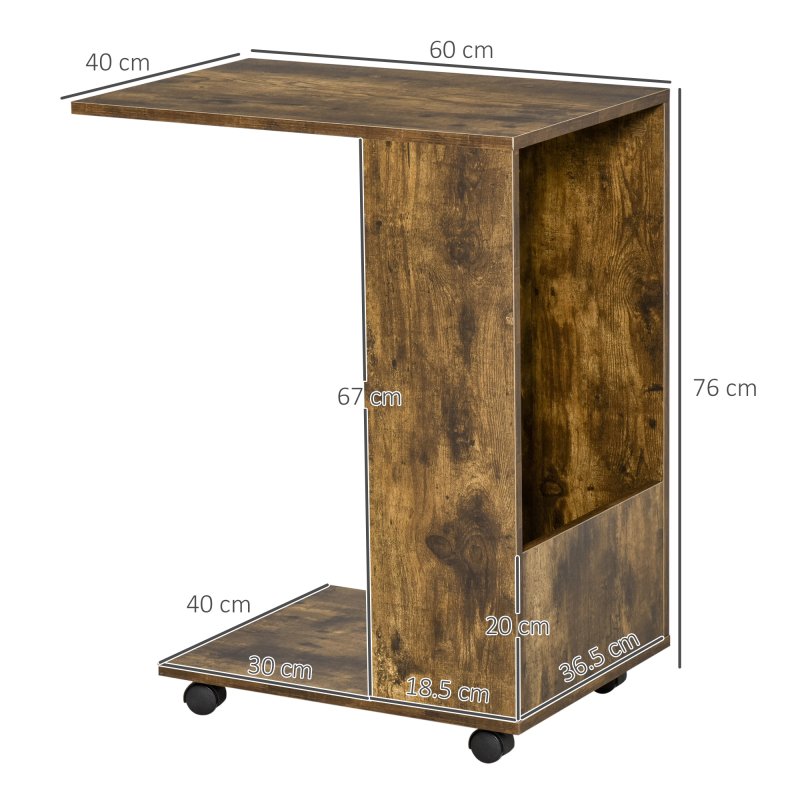 HOMCOM Mobile Sofa Side Table C-Shape End Table with Storage and Casters for Laptop Coffee Snack