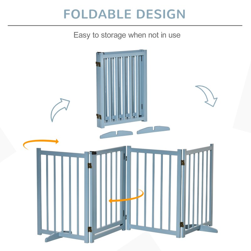 PawHut Wooden Dog Gate, Dog Fence Indoor, 80 cm Tall Freestanding Pet Gate for Small and Medium Dogs with 4 Panels, 2 Support Feet, Blue-Grey