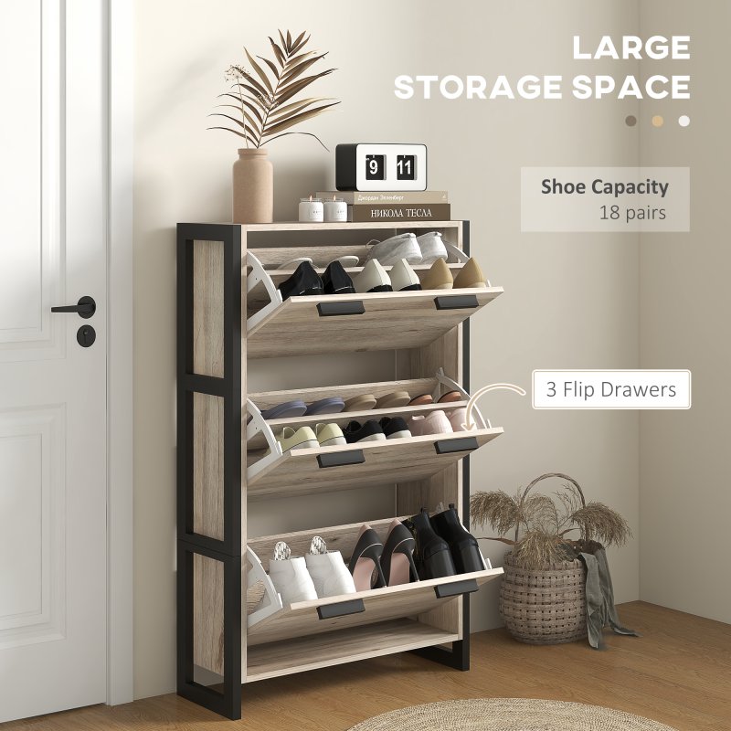HOMCOM 3 Drawers Narrow Shoe Cabinet, 18 Pairs Shoe Storage Cupboard with 3 Flip Doors and Adjustable Shelves for Entryway, Hallway, Natural Wood-effect