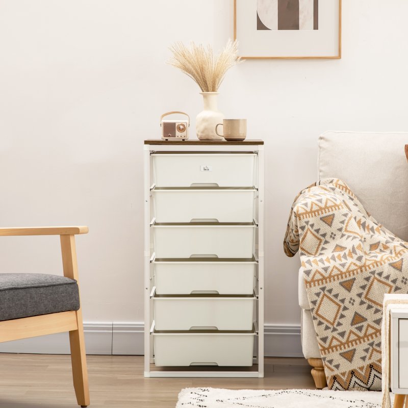 HOMCOM Bedroom Chest of Drawers, 6-Drawer Dresser, Tall Storage Drawer Unit with Steel Frame for Living Room, White