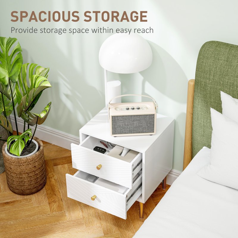 HOMCOM Bedside Table with 2 Drawers, Modern Side Table with Curved Line Panels and Metal Legs for Bedroom, Living Room, White