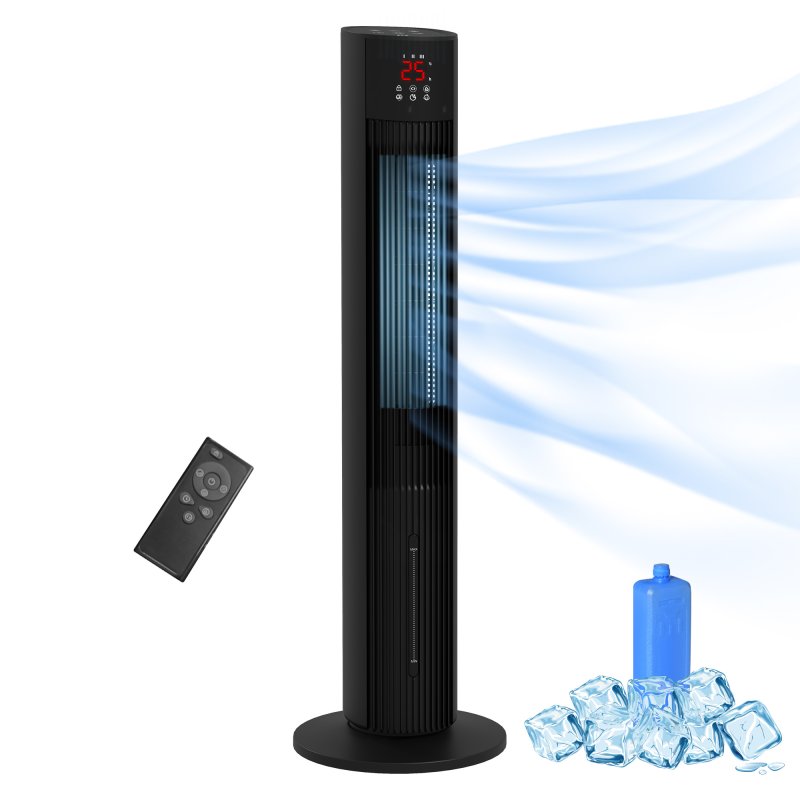 HOMCOM 42 Inch Tower Fan, Electric Cooling Fan with Ice Pack, Remote, 3.5L Water Tank, 12H Timer, Sleep Mode, 3 Speed, 4 Modes, Children Lock, 70° Oscillating, 60W, Black