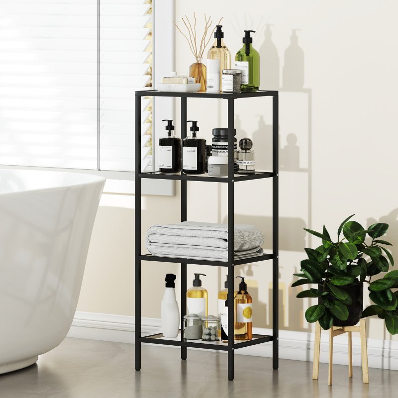 HOMCOM 4-Tier Shelving Unit, Modern Glass Shelf, Bookshelf, Storage Rack for Living Room, Home Office, Bedroom, Bathroom, 40 x 30 x 97 cm, Black
