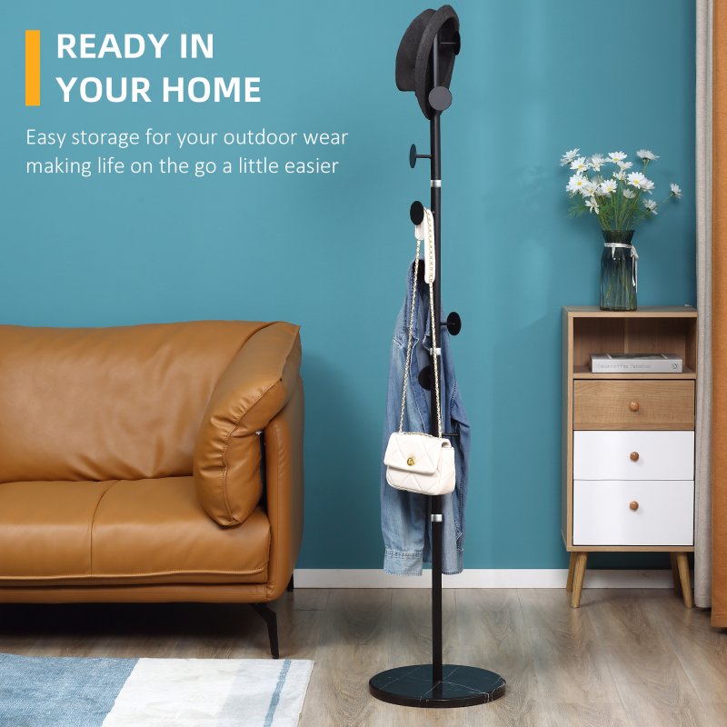HOMCOM Coat Rack Free Standing Hall Tree with 8 Round Disc Hooks for Clothes, Hats,Purses, Steel Entryway Coat Stand with Marble Base for Entryway, Living Room, Bedroom
