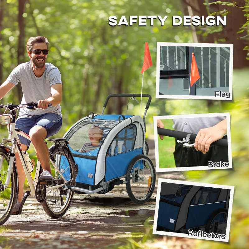 HOMCOM 2 Seat Bike Trailer for Kids, Baby Bike Stroller with 5 Point Harness, Child Bicycle Trailer with Safety Flag, Reflectors, Windproof Curtain, for 18+ Months, Blue