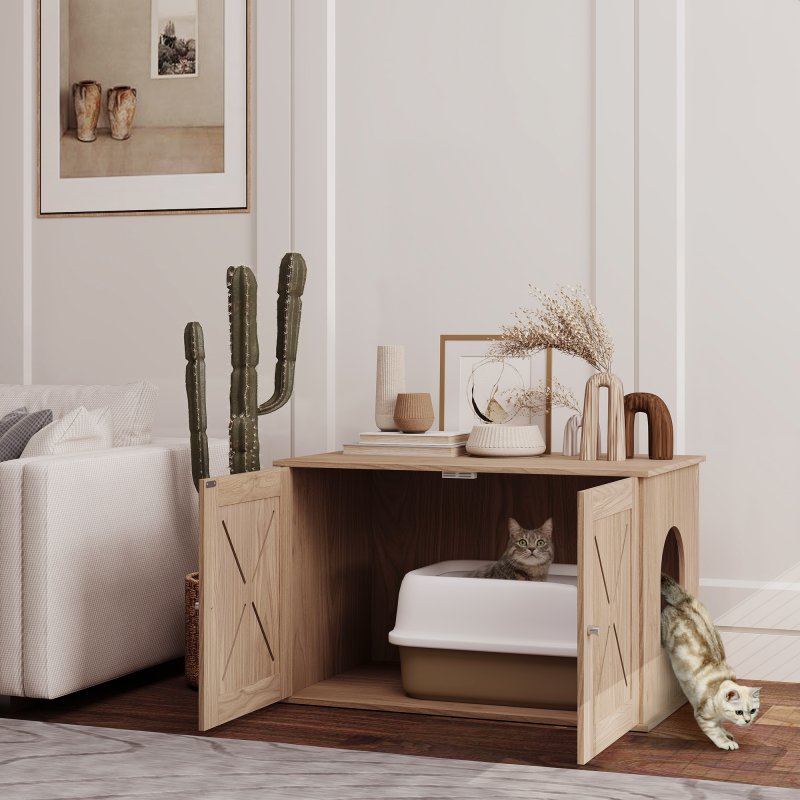 PawHut Cat Litter Box Enclosure, Cats House Litter Box Furniture with Double Doors and Side Entrance, Non-Slip Pads, Indoor Kitty House Hidden Washroom Toilet for Living Room, Walnut Brown