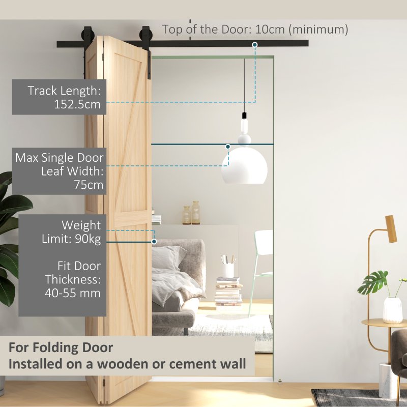 HOMCOM 5FT/152.5CM Bi-Folding Sliding Barn Door Hardware Track Kit, Heavy Duty Sliding Door Kit for 2 Doors with J Shape Hanger