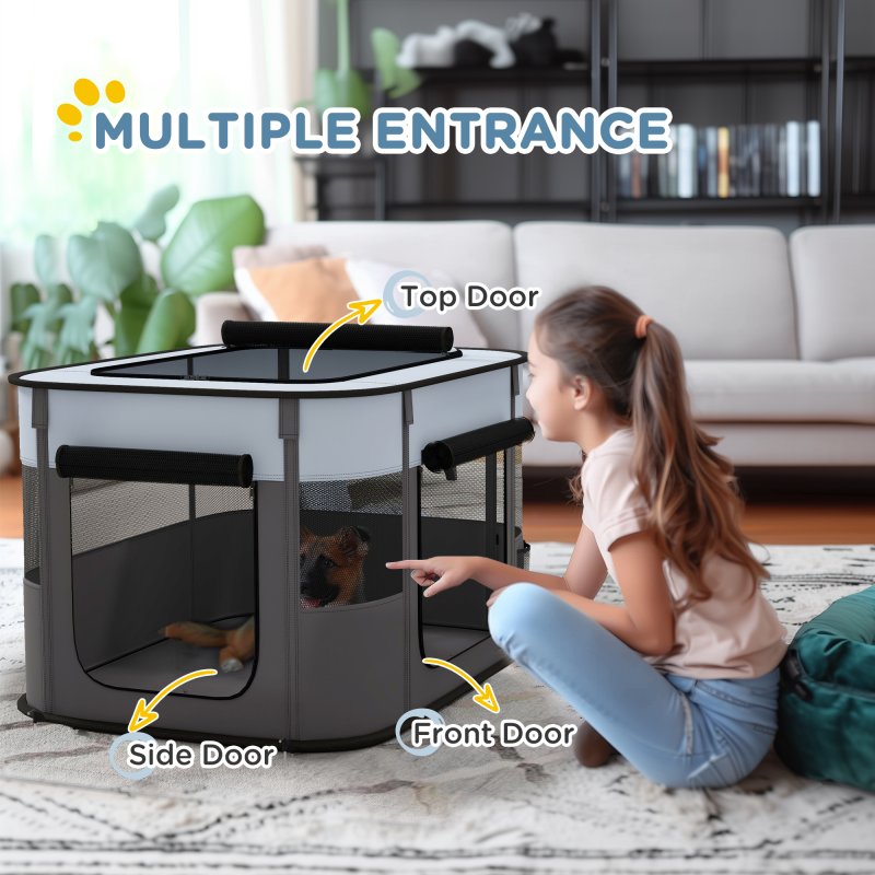PawHut Dog Pen, Pet Playpen, Portable Foldable Dog Cat Playpen Soft Pet Cage with Storage Bag for Puppies, Rabbits, Kittens, Guinea Pigs, 84 x 64 x 53cm - Grey