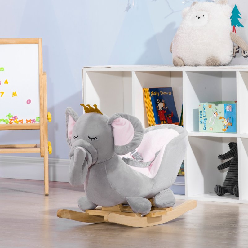 HOMCOM Baby Rocking Horse Plush Ride On Elephant Rocker with Sound Safety Belt Toddler Toy for 18 - 36 Months