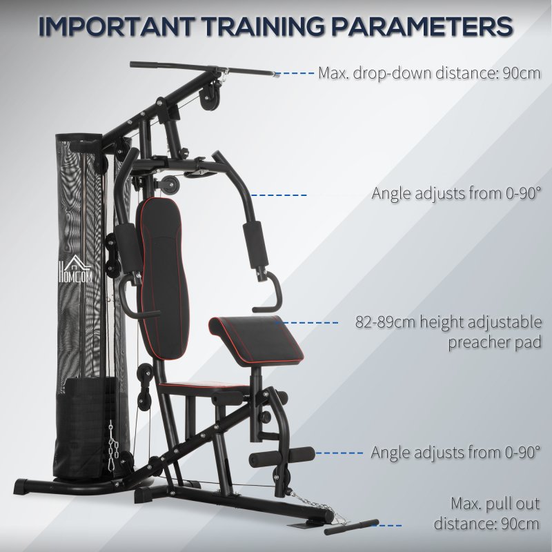 HOMCOM Multifunctional Home Gym Workout Station, 45kg Weight Stack Multi Gym Fitness Equipment for Full Body Fitness