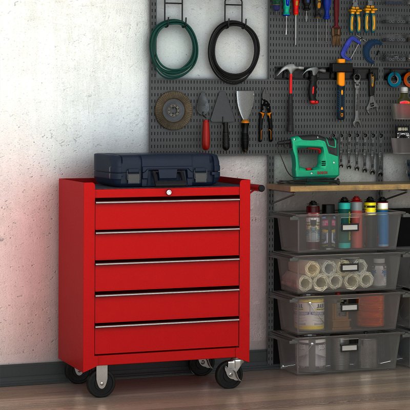HOMCOM 5 Drawer Tool Box, Lockable Steel Tool Chest on Wheels, Rolling Chest Cabinet with 5 Drawers and Handle for Workshop, Garage, Red