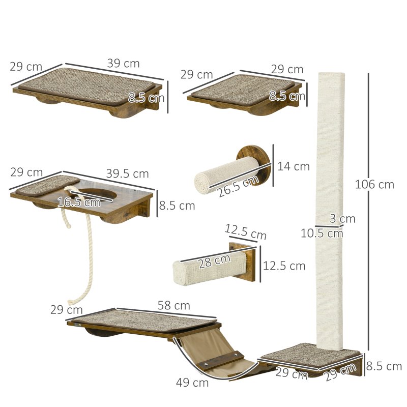 PawHut 8Pcs Cat Shelves, Cat Wall Furniture with Scratching Posts, Perches, Ladder, Wall Mounted Cat Tree for Sleeping, Playing, Lounging - Brown