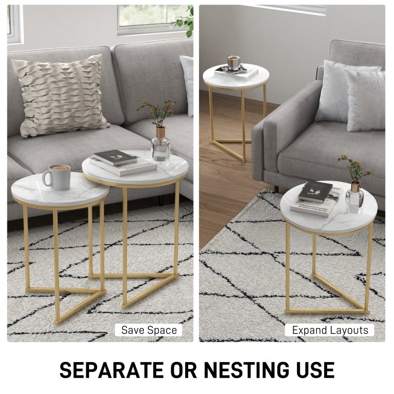 HOMCOM Nesting Coffee Table Set of 2, Modern Nest of Tables, Round Sofa Side Tables with Metal Frame for Living Room, Bedroom, Small Space, Gold Tone