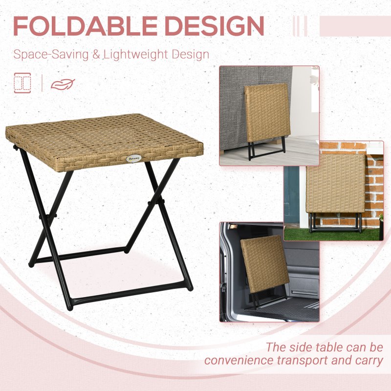 Outsunny Folding Rattan Garden Coffee Table, Small Square Outdoor Bistro Side Table with Rattan Top for Patio, Balcony, Porch, 40 x 40 x 40 cm, Natural