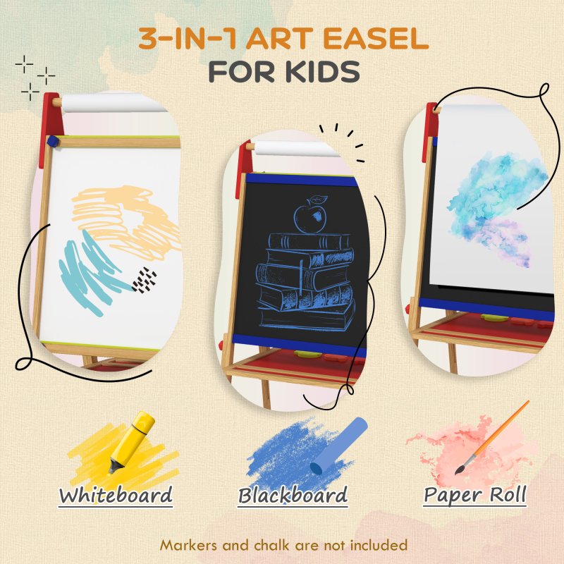AIYAPLAY Kids Easel, 3 in 1 Art Easel Double Sided Height Adjustable with Paper Roll, Whiteboard, Chalkboard, Painting Accessories, Natural Wood Finish