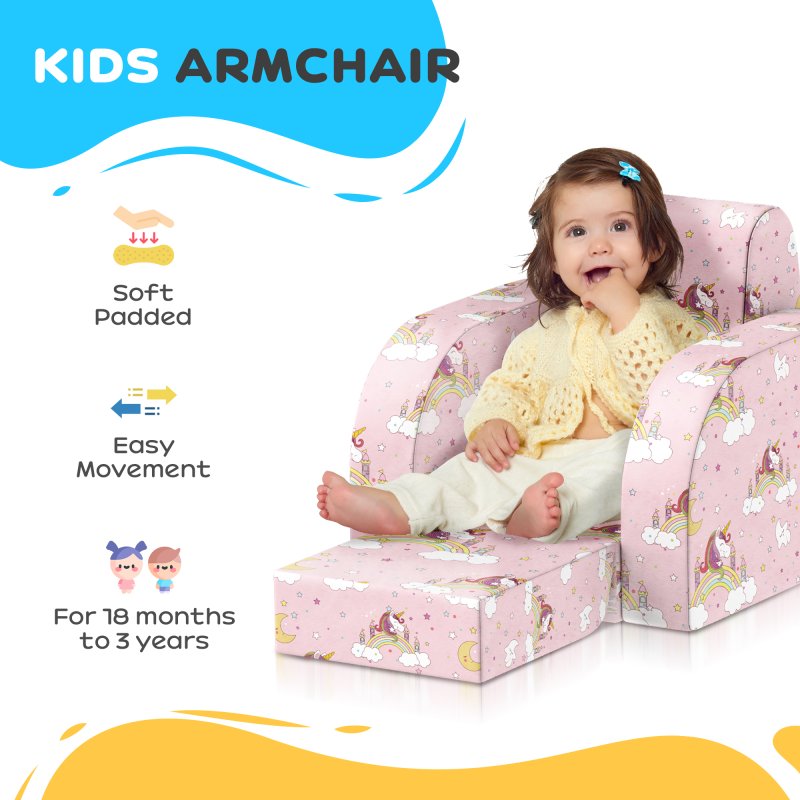 AIYAPLAY Kids Armchair, 2 in 1 Foldable Toddler Chair, Soft Snuggle Sponge Filled Recliner, for Bedroom Playroom Living Room, for Boys & Girls 18 Months to 3 Years - Pink