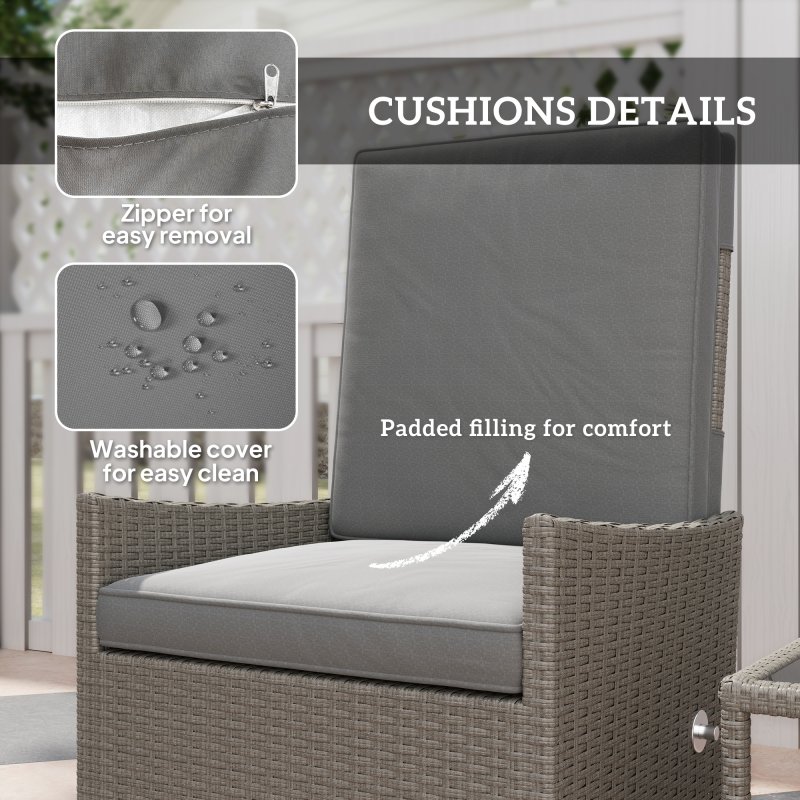 Outsunny 5 Piece Rattan Garden Furniture Set, Wicker Patio Sofa Set with 2 Armchairs, 2 Footstools, Glass Top Coffee Table with Shelf, Outdoor Furniture with Adjustable Backrests, Cushions, Dark Grey