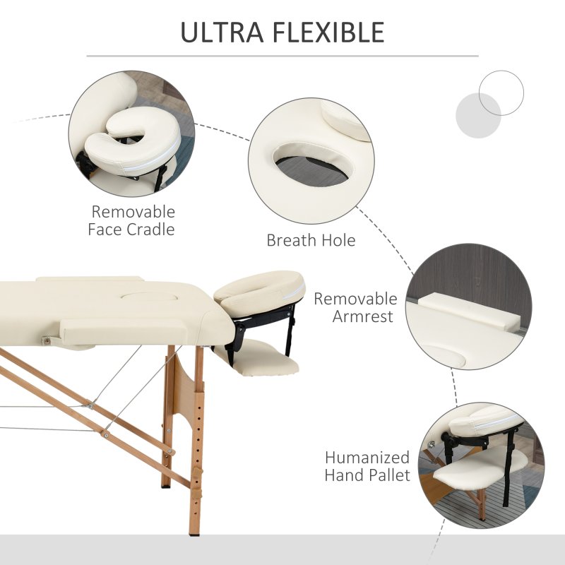 HOMCOM Portable Massage Bed, Folding Spa Beauty Massage Table with 2 Sections, Carry Bag and Wooden Frame, Cream White