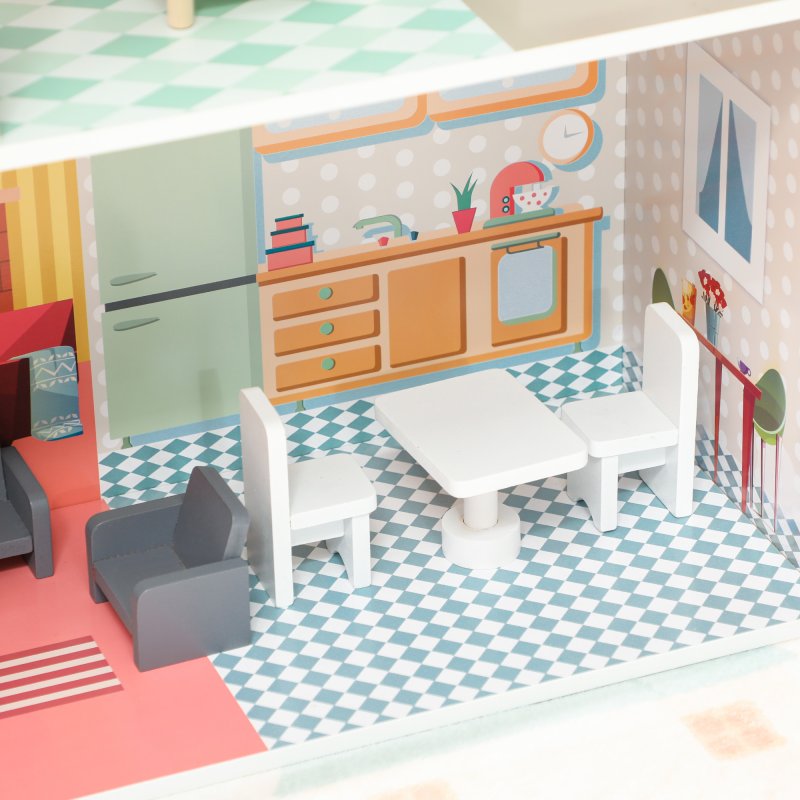 AIYAPLAY Dolls House with 13 Furniture Pieces and Accessories, 2 Levels Play Set with Balcony, Pretend Play Game, for Ages 3-6 Years