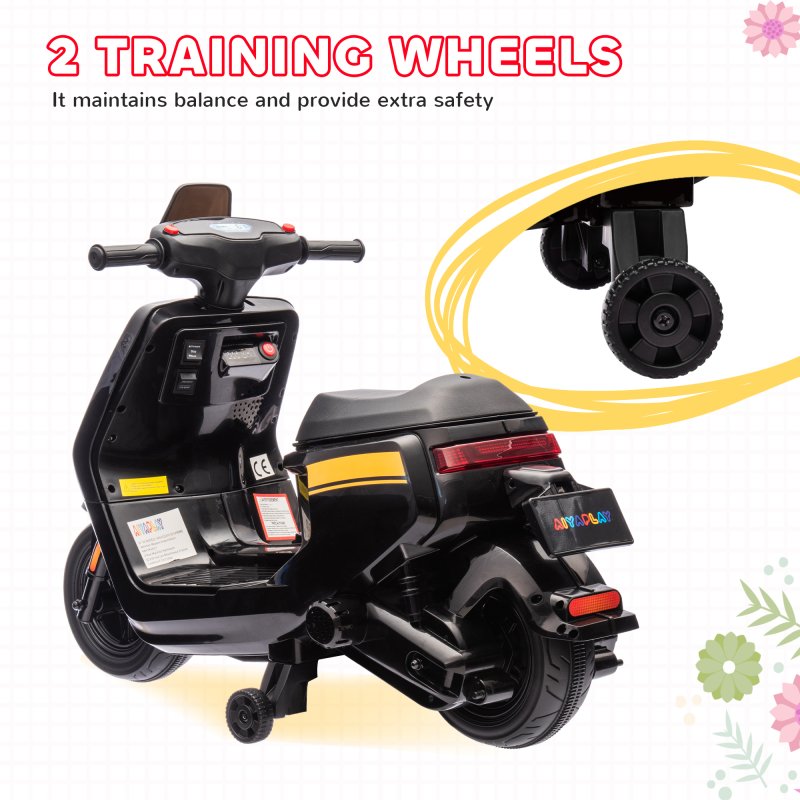AIYAPLAY 6V Kids Electric Motorbike, Ride on Motorbike with Headlight, Music, Forward Reverse, Training Wheels, for Ages 18-36 Months, Black