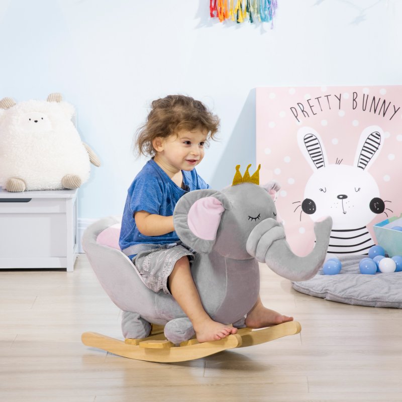 HOMCOM Baby Rocking Horse Plush Ride On Elephant Rocker with Sound Safety Belt Toddler Toy for 18 - 36 Months