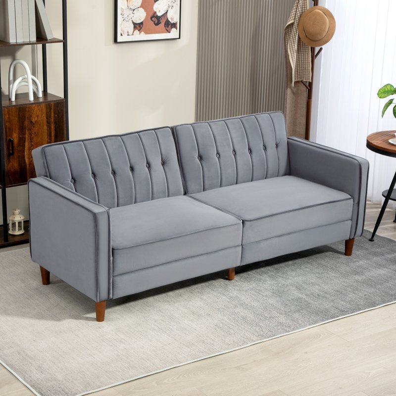 HOMCOM 3 Seater Velvet Sofa Bed, 189cm Click Clack Sofa Bed, Button Tufted Sleeper Couch with Split Reclining Backrest and Rubber Wood Legs