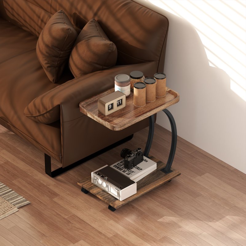 HOMCOM C Shaped Side Table with Storage, Mobile 2-Tier Bedside Table with Tray Top, Wheels, Steel Frame for Living Room, Bedroom, Brown