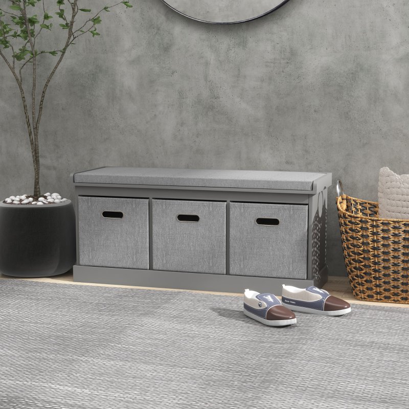 HOMCOM Shoe Bench with 3 Fabric Baskets, Shoe Storage Bench with Seat Cushion, Shoe Cabinet for Entryway, Hallway, Living Room, Bedroom