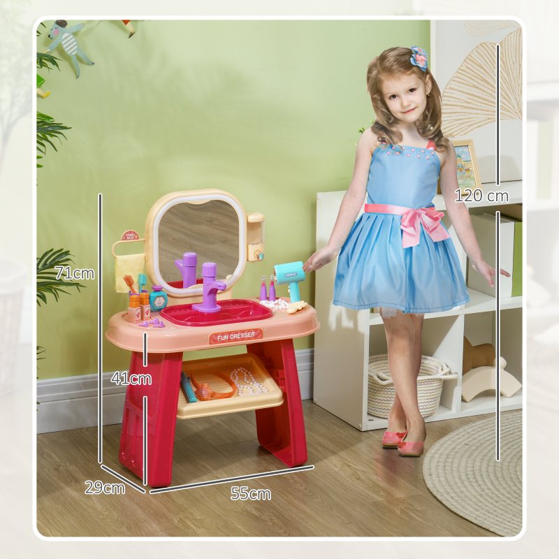 AIYAPLAY Kids Dressing Table, Kids Vanity Table with Mirror LED Light, Music, 23 Accessories, for 3-6 Years - Pink