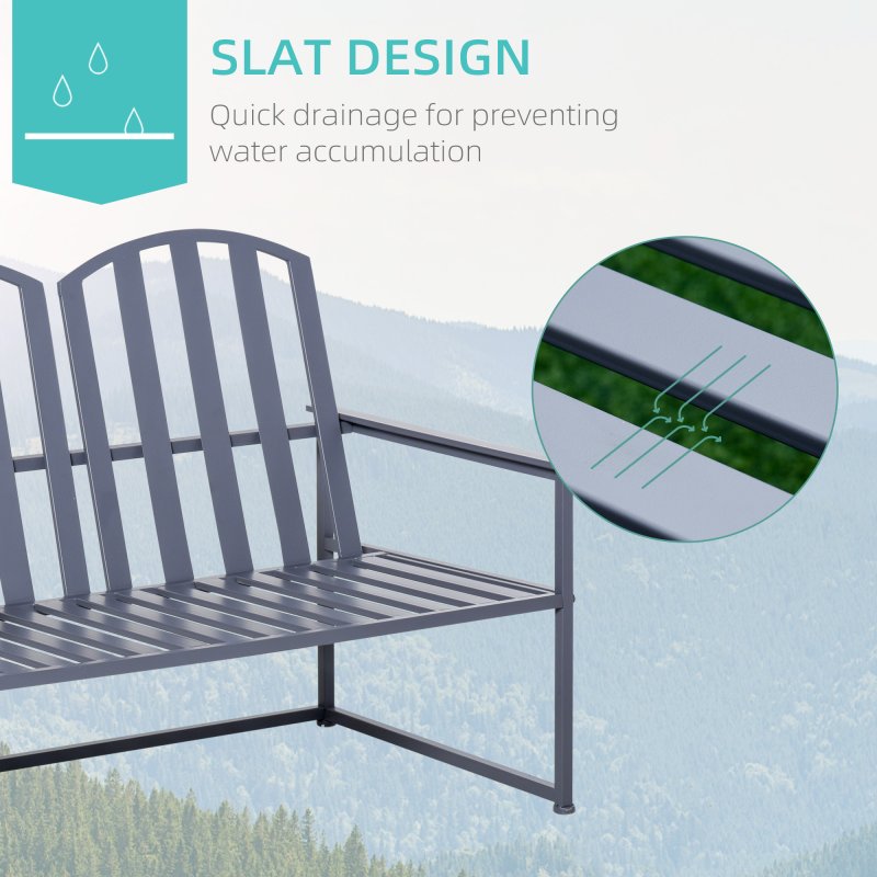 Outsunny Garden Bench Loveseat 2 Seat Chair for Outdoor Park, Yard, Steel Frame, Decorative Slatted Design, Grey