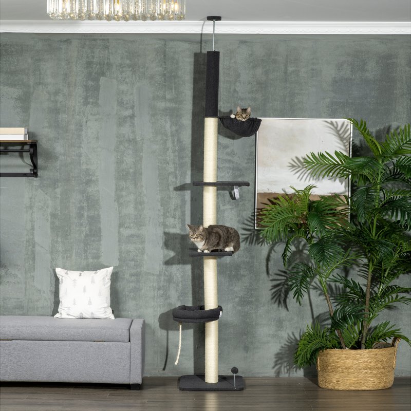 PawHut Floor To Ceiling Cat Tree, 5 Tier Height Adjustable Cat Climbing Tower with Scratching Post, Hammock, Bed for Indoor Cats, 240-270cm, Black